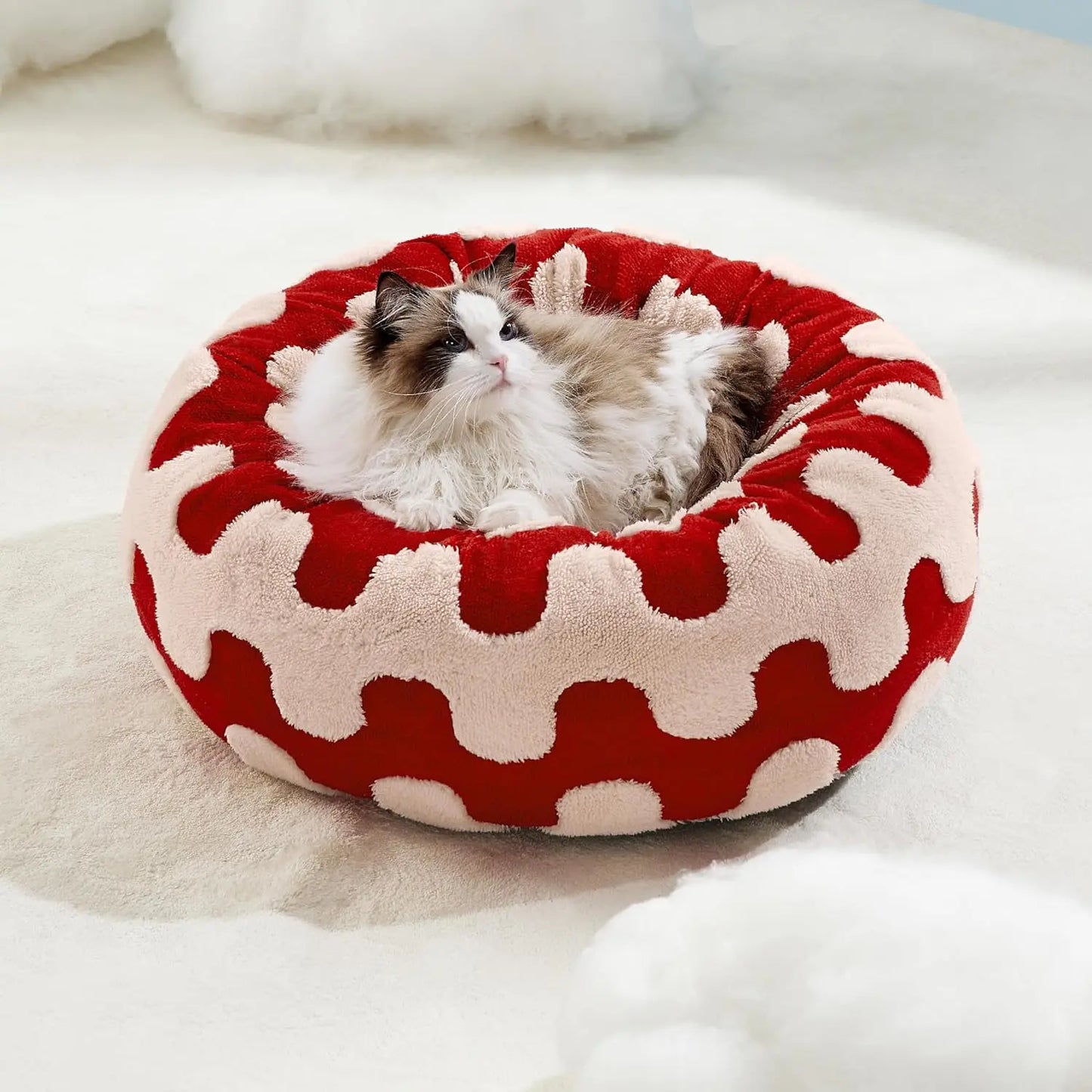Luxury Anxiety Calming Donut Dog Bed with Anti-Slip Back for Dogs & Cats