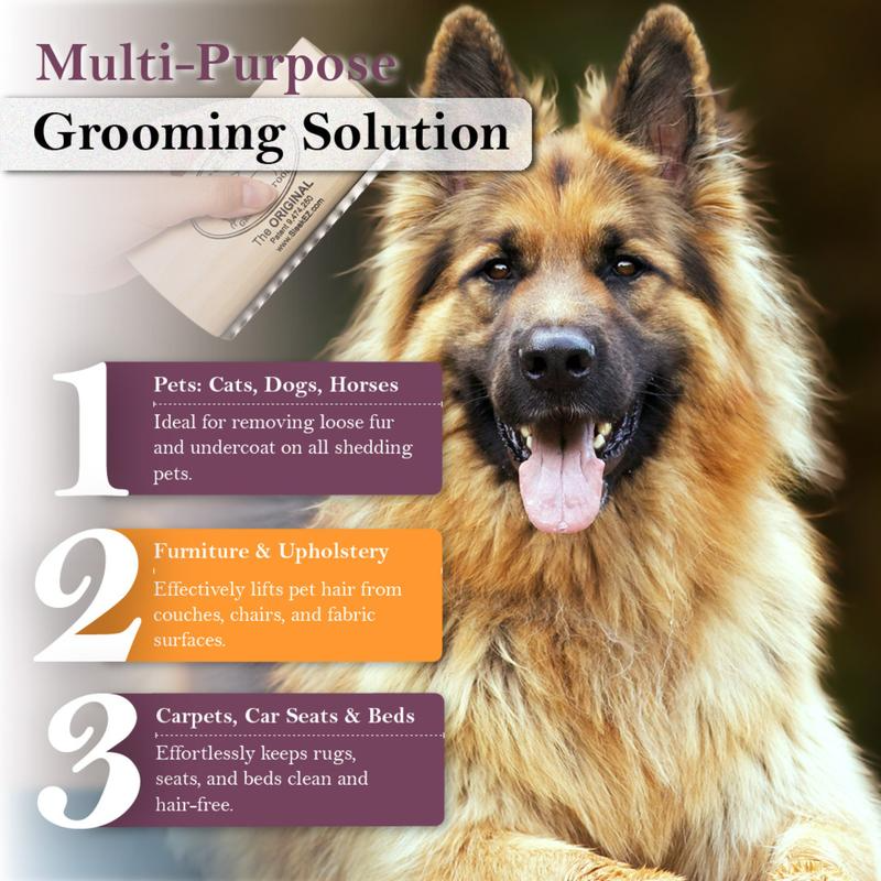 Dog with grooming solution packaging and text about its uses for pets, furniture, and carpets.