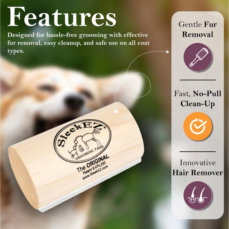 Sleek E Z grooming tool with features listed on a blurred background of a dog.