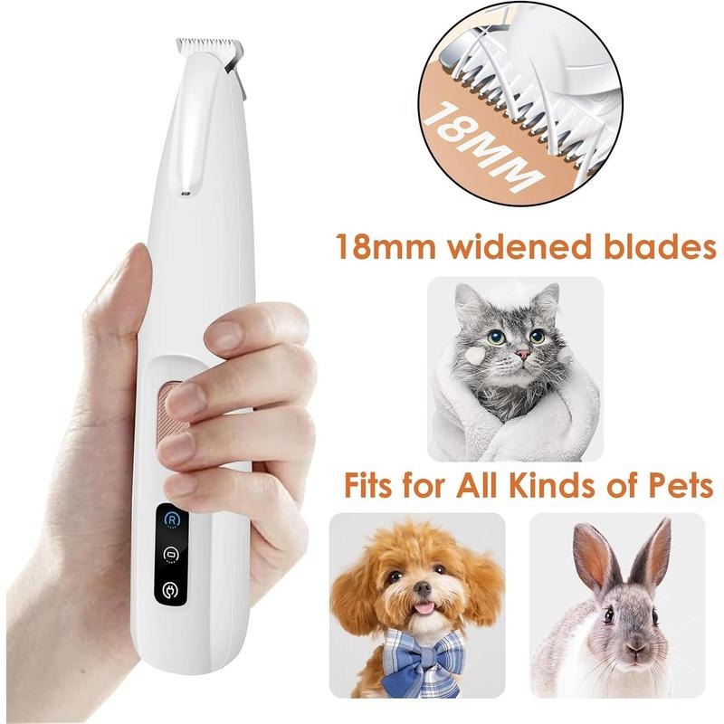 Pet grooming tool with 18mm widened blades, held by a hand, with images of a cat, dog, and rabbit.