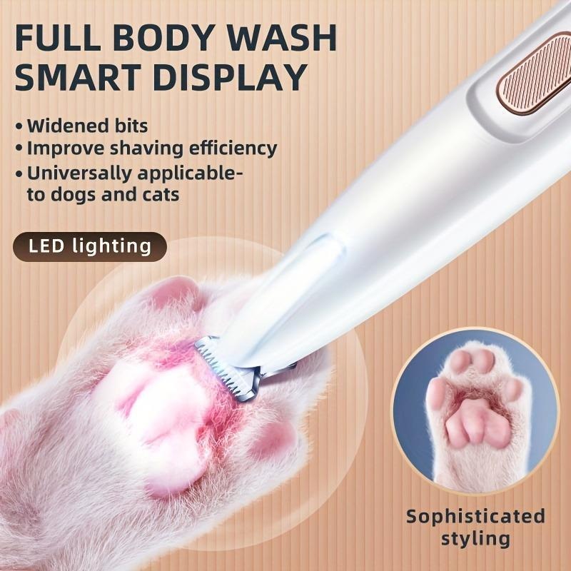 Pet grooming tool with LED lighting on a paw, featuring text about its features.