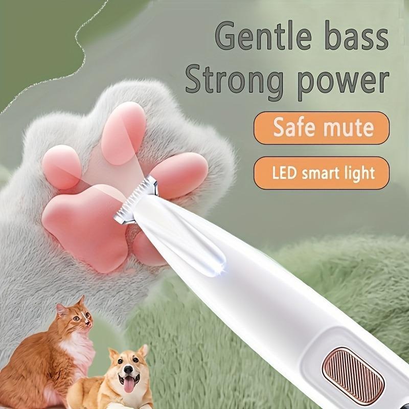 Pet grooming tool with LED light on a green background, featuring text about features.