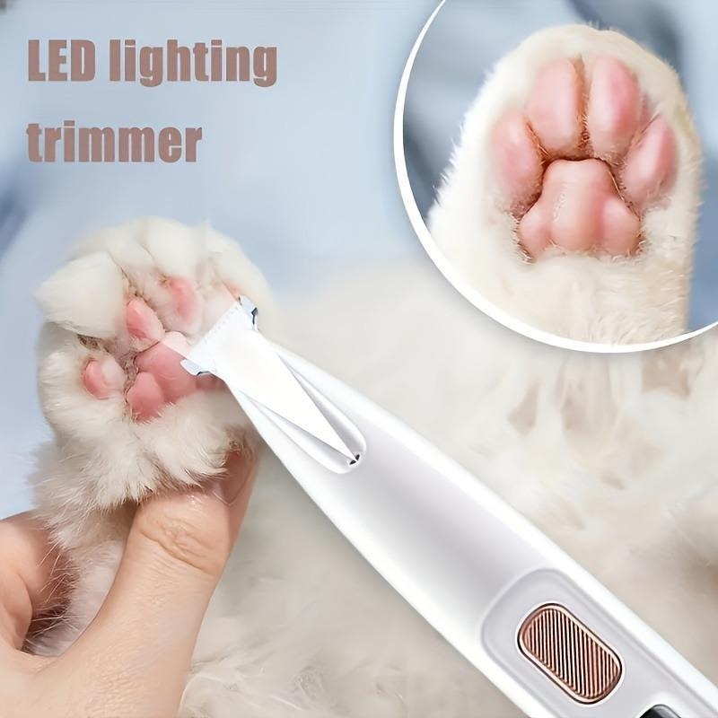 LED lighting trimmer being used on a cat's paw with close-up inset.