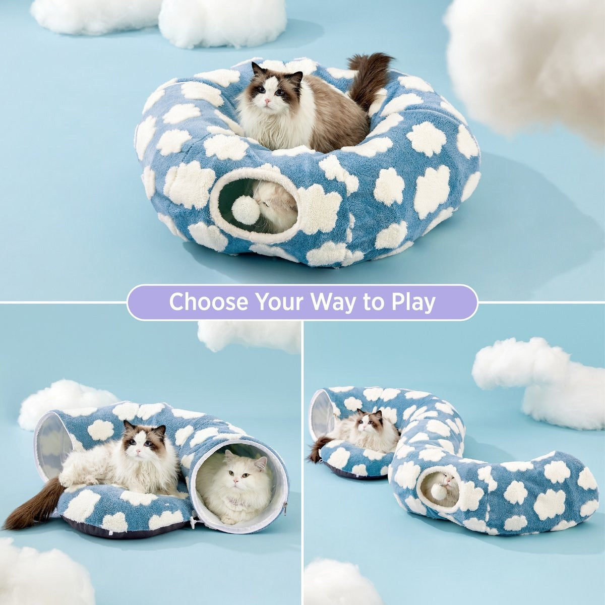 Blue pet bed with cloud pattern and tunnel, featuring cats inside on a light blue background.