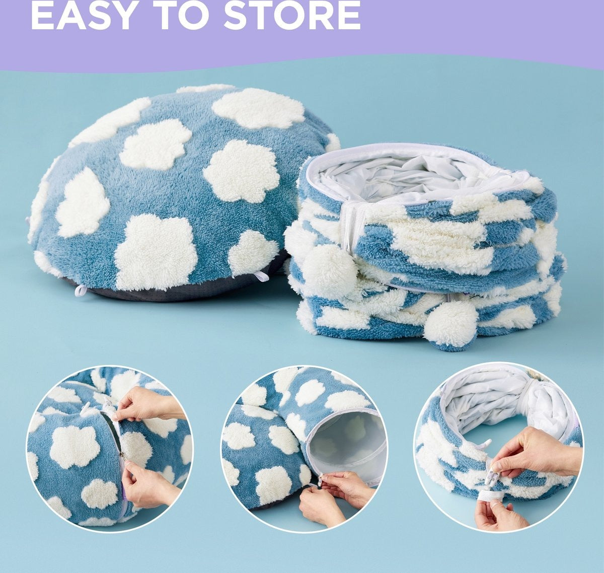 Blue and white cloud-patterned product with storage instructions on a blue background