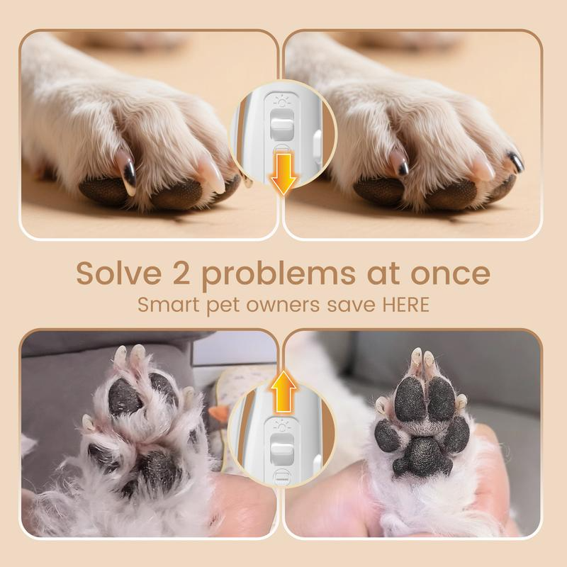 Product advertisement showing a device on pet paws with text about solving two problems at once.