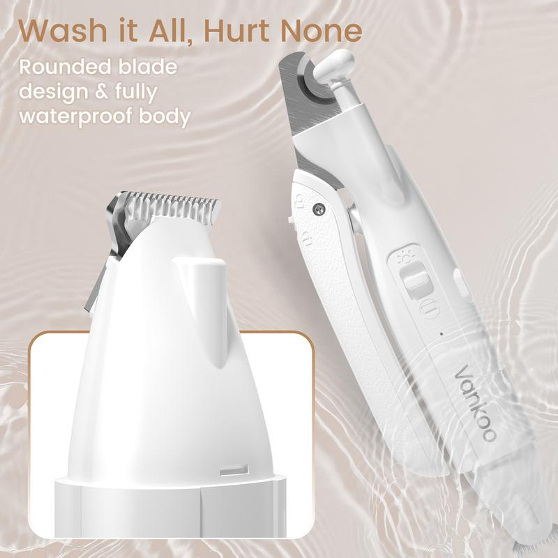White grooming tool with rounded blade design and fully waterproof body on a beige background.