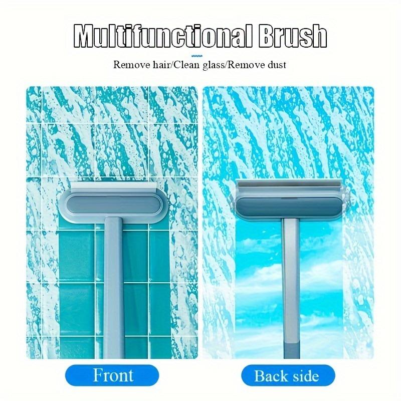 Multifunctional brush with front and back side views on a blue and white background.