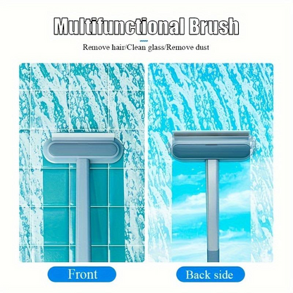 Multifunctional brush with front and back side views on a blue and white background.