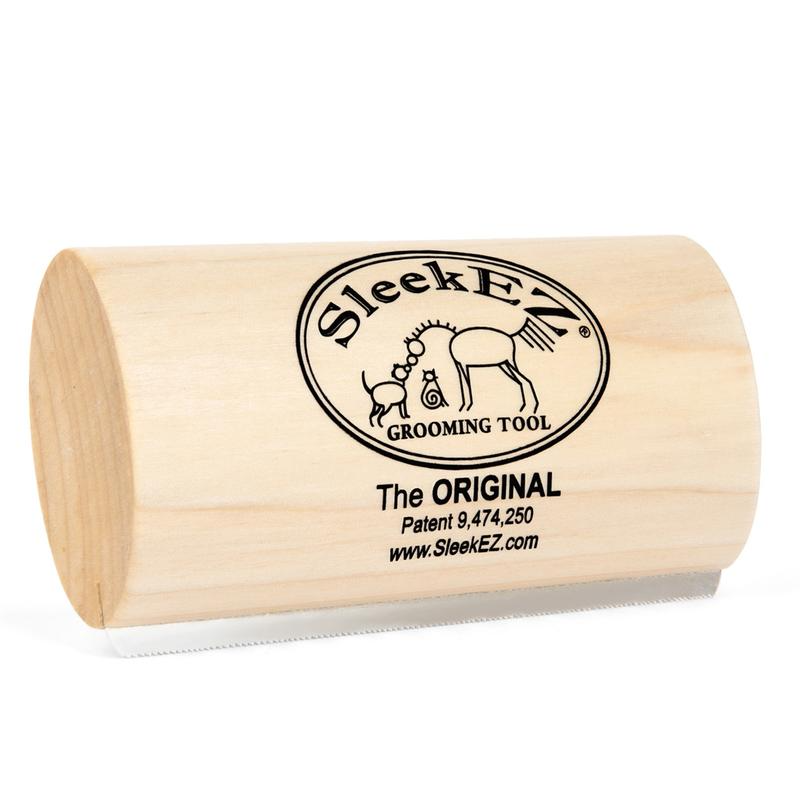 Wooden grooming tool with 'SleekEZ' branding on a white background