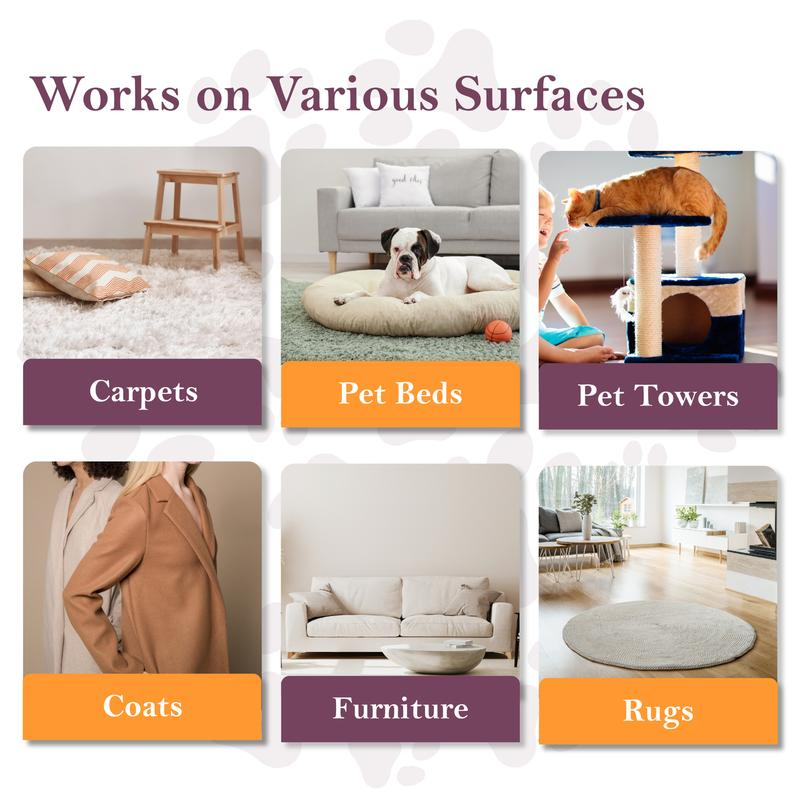 Demonstration of a product's effectiveness on various surfaces including carpets, pet beds, pet towers, coats, furniture, and rugs.