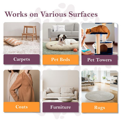 Demonstration of a product's effectiveness on various surfaces including carpets, pet beds, pet towers, coats, furniture, and rugs.