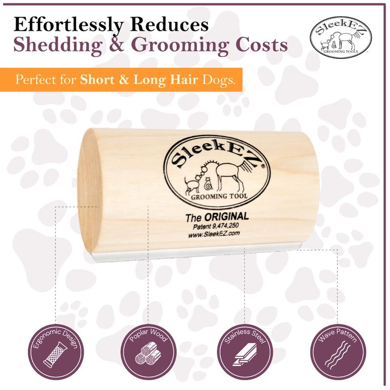 Sleek EZ grooming tool with text about reducing shedding and grooming costs on a white background.