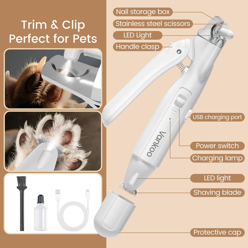 Pet grooming tool with features highlighted on a beige background