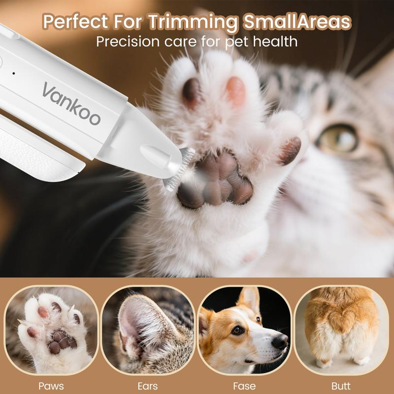 Pet grooming tool being used on a cat's paw with text about precision care for pet health.