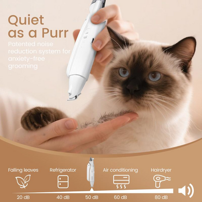 Pet grooming tool with a cat and text about noise reduction system