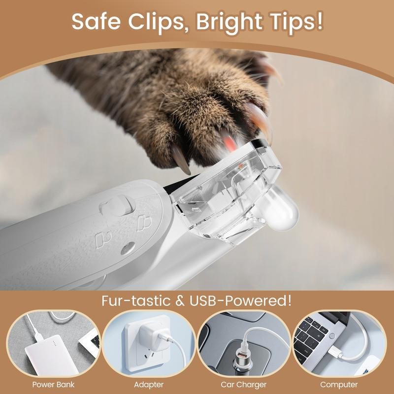 Cat paw with grooming tool and text 'Safe Clips, Bright Tips!' on a beige background