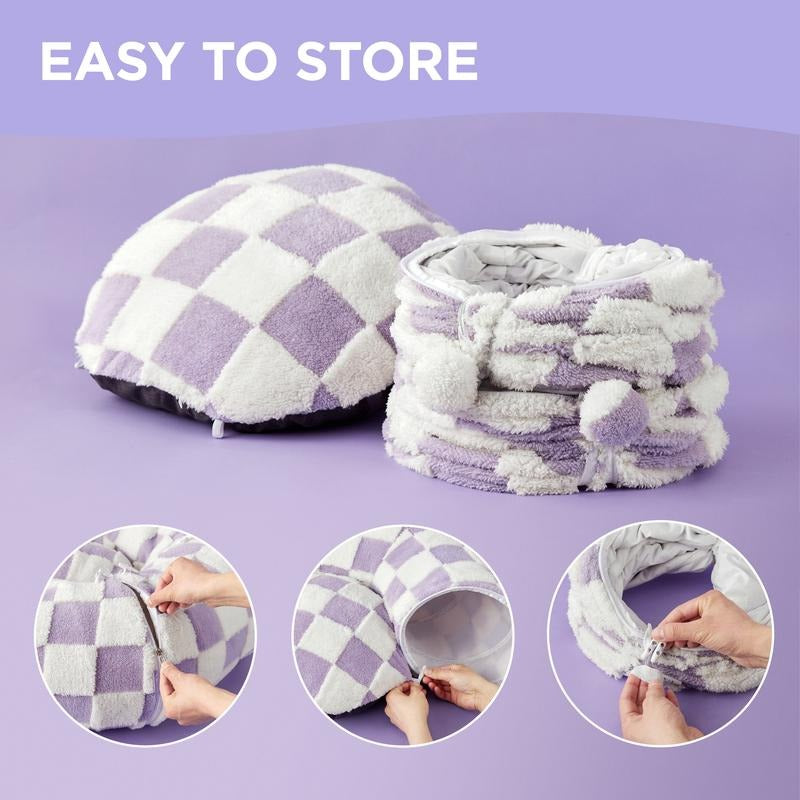 Folded checkered pillow with storage instructions on a purple background