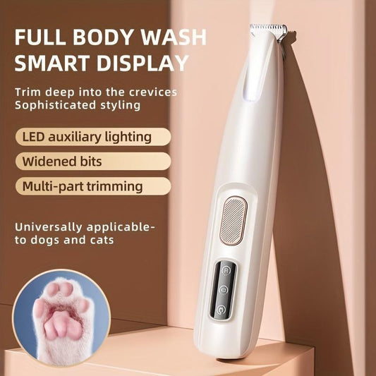 Pet grooming tool with features listed on a brown background