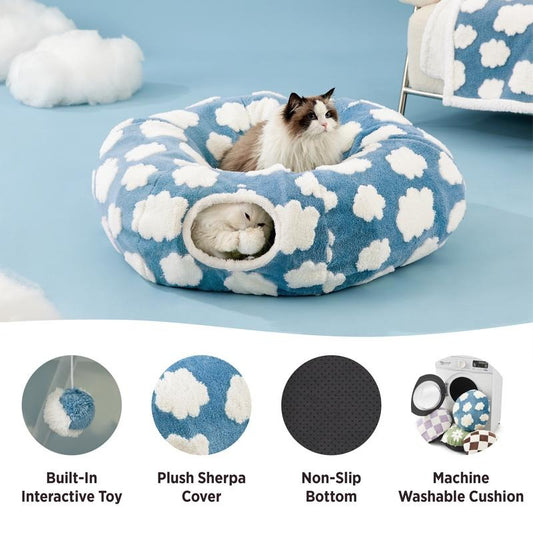 Cat lying on a blue and white cloud-patterned pet bed with additional features highlighted below.